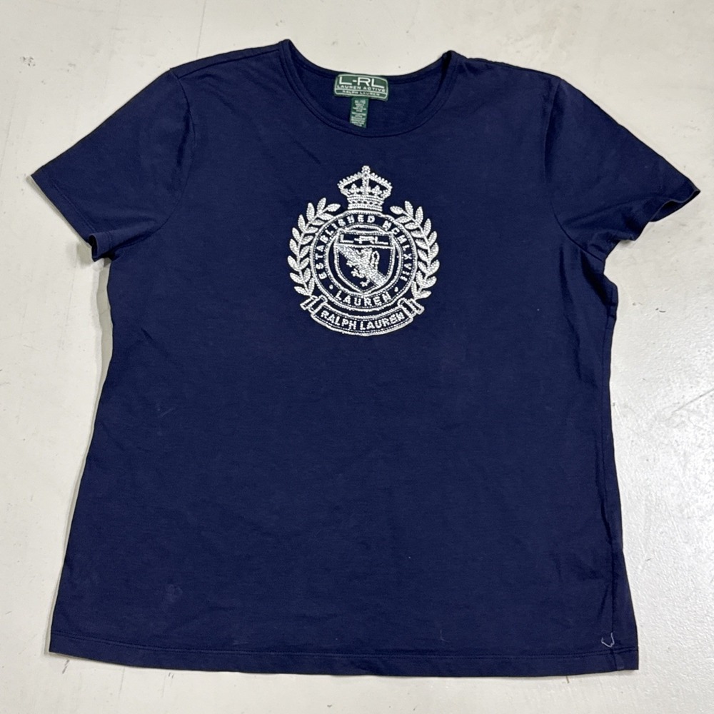 Ralph Lauren Active T-Shirt Womens Size XL Navy Blue Beaded Crown Crest Preppy